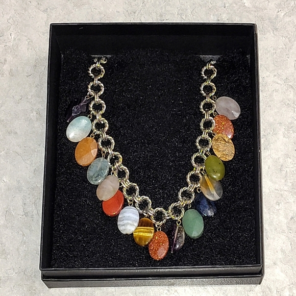 VINTAGE MULTI-WIRED SILVER NATURAL & SYNTHETIC GEMSTONE DANGLE NECKLACE UPTO 18" - Picture 4 of 11